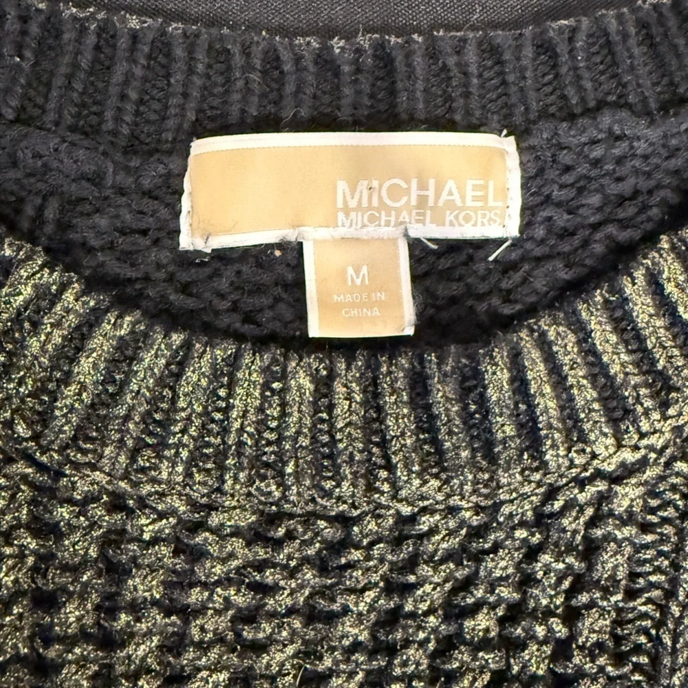 🔥Michael Kors Women’s Shimmer Gold and Black Cable Knit Sweater Sz M EUC🔥